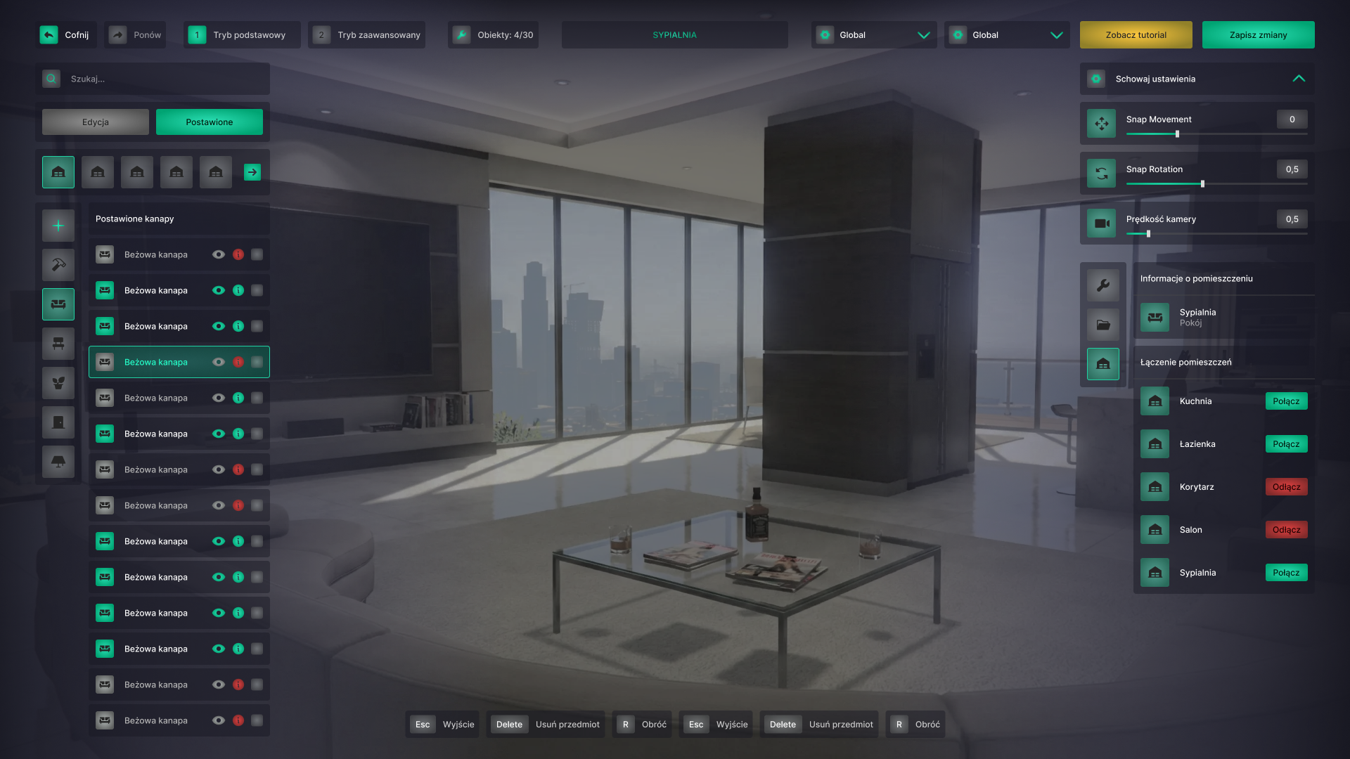 Game UI of the settings from apartment furnishing system