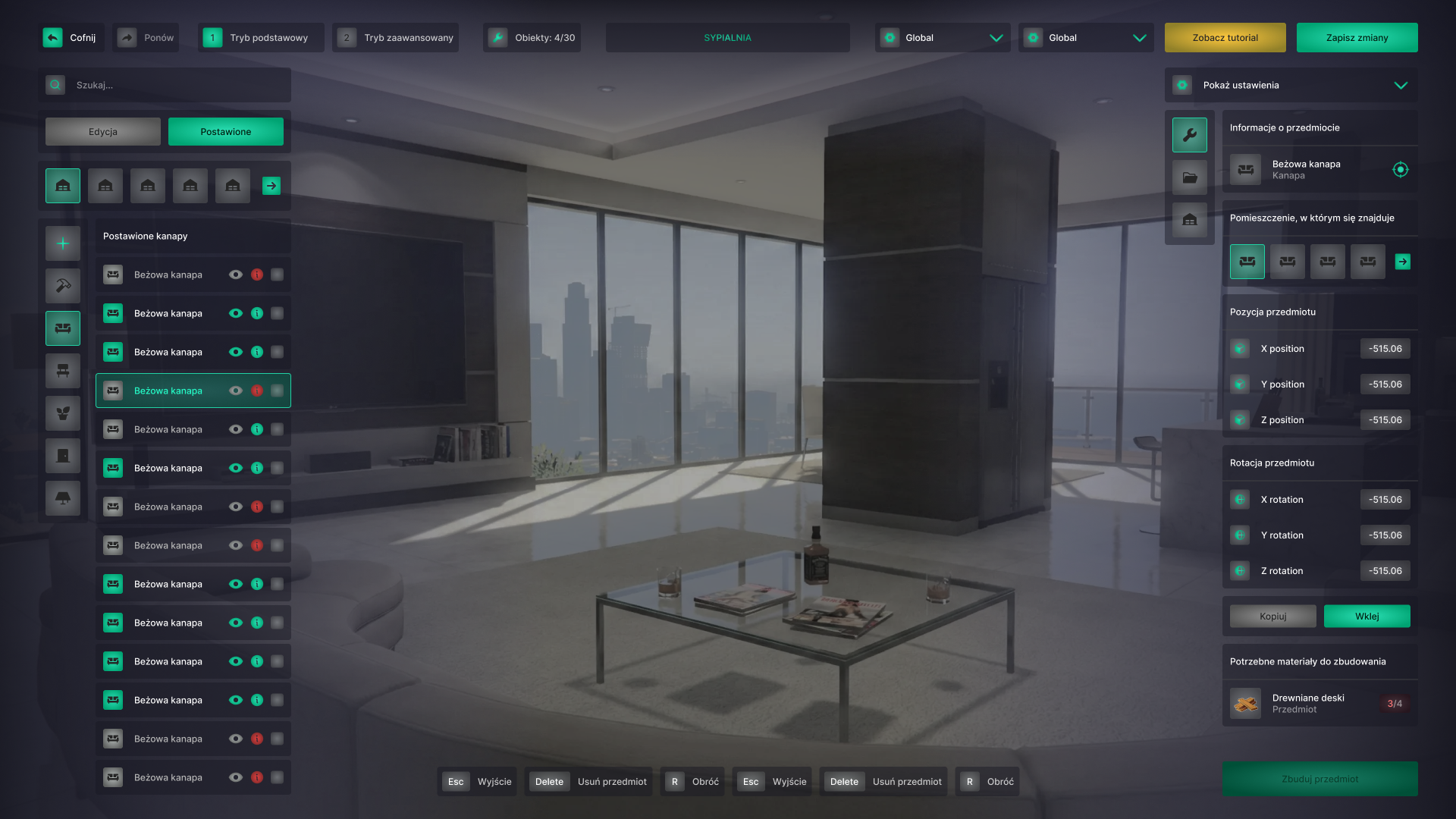 Game UI of the apartment furnishing system