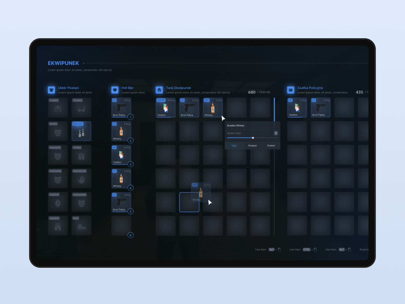 Game UI of blue inventory