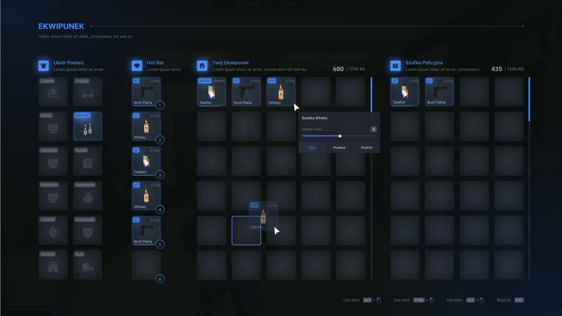 Game UI of blue inventory