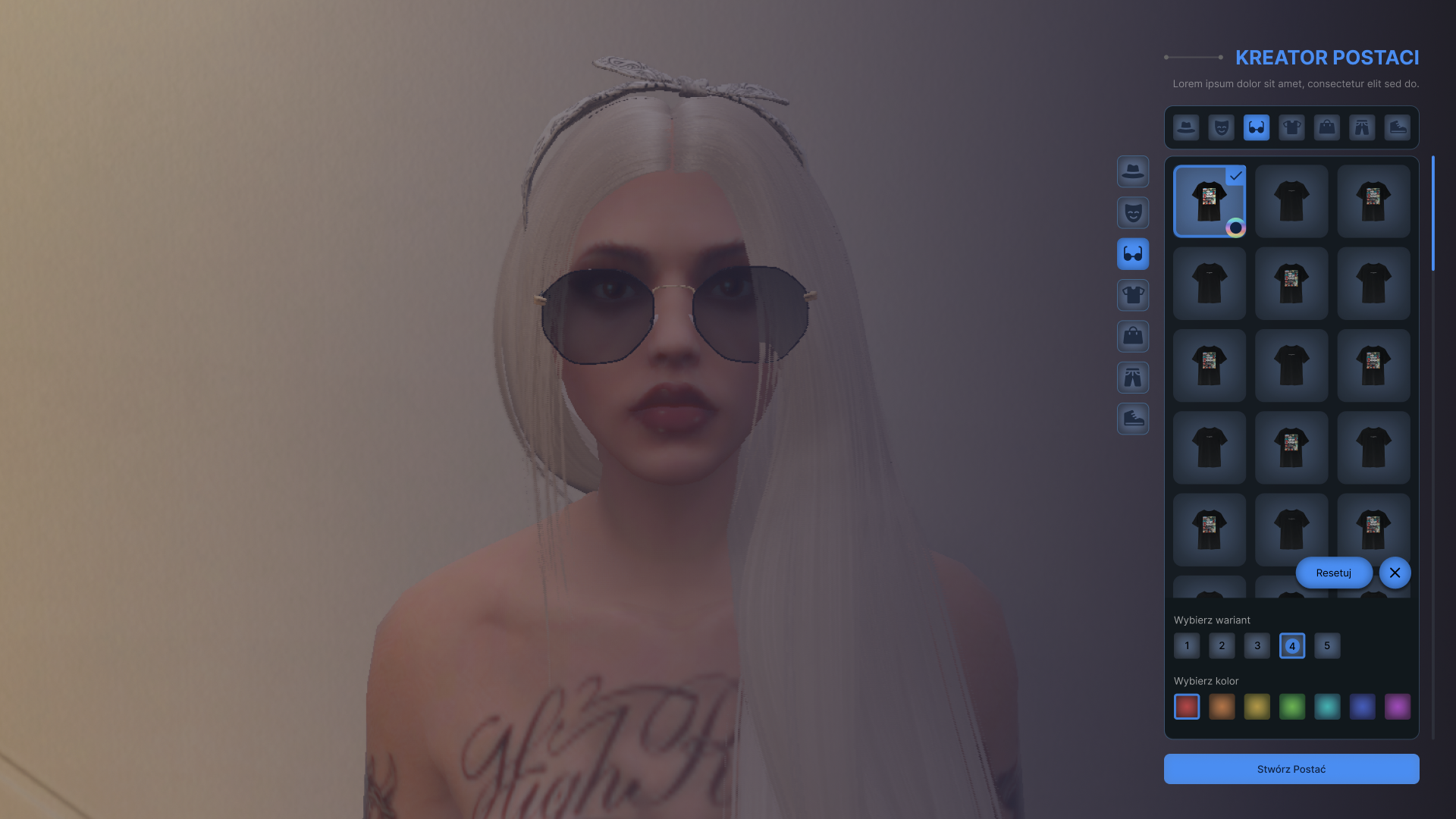 Game UI of blue character creator