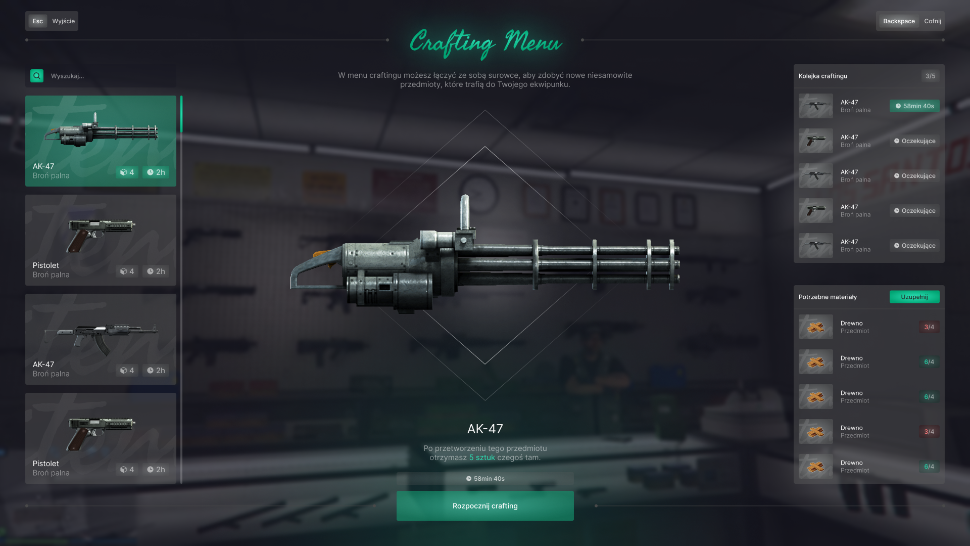 Game UI of the crafting menu