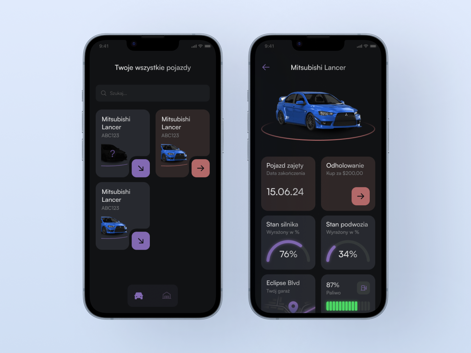 UI of the garage mobile app