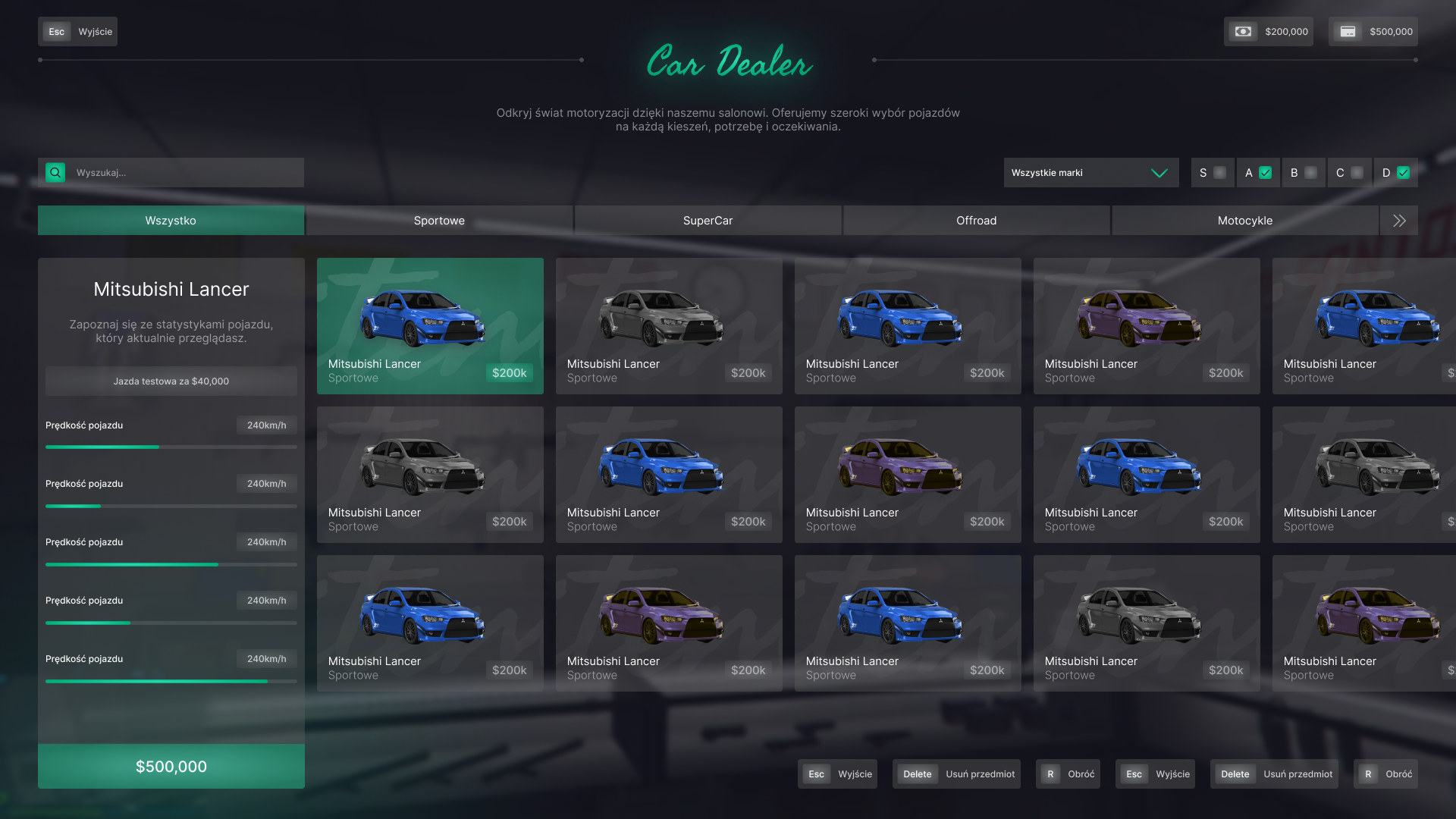 Game UI of the green car dealer