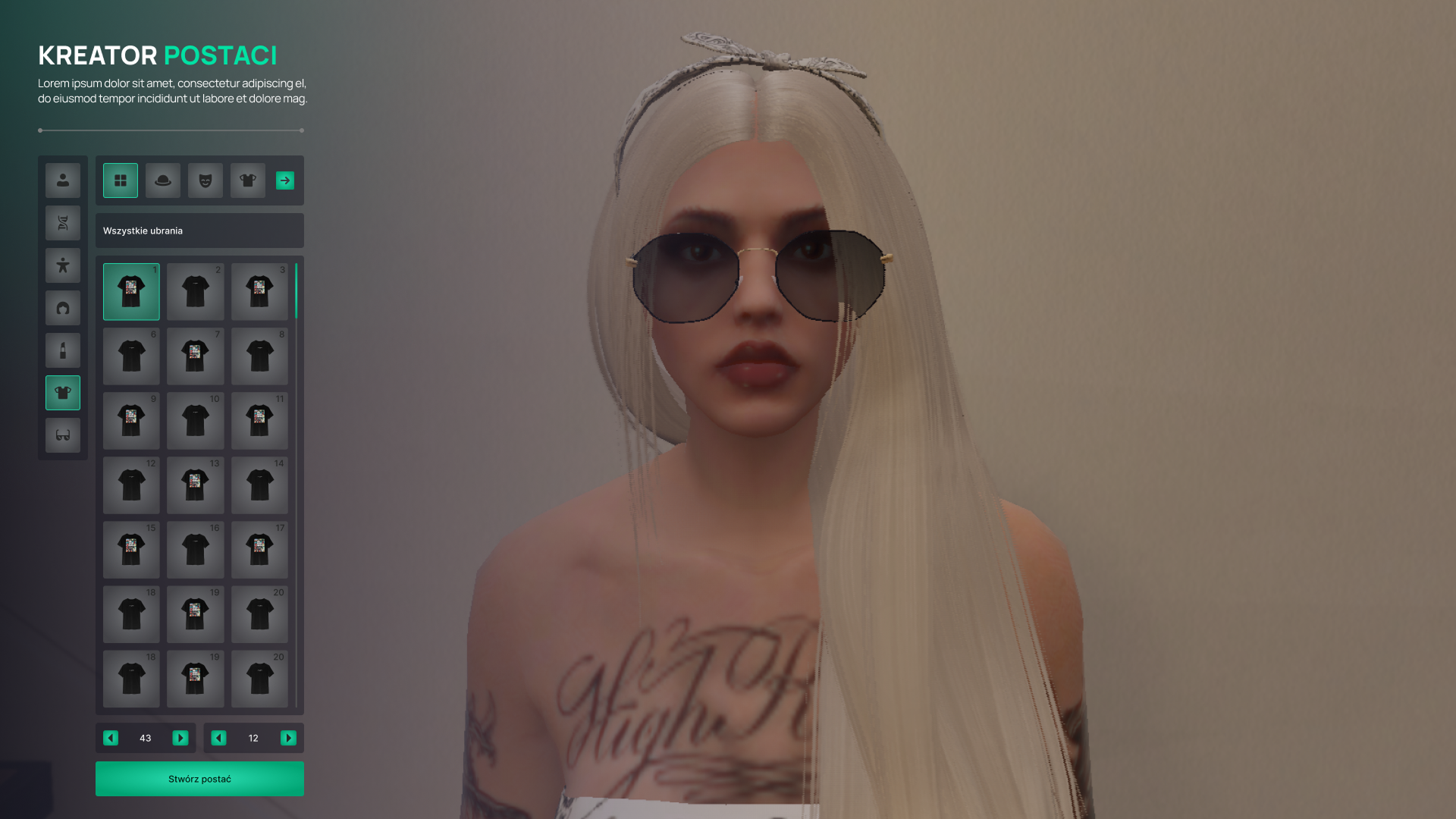 Game UI of clothing system from the green character creator