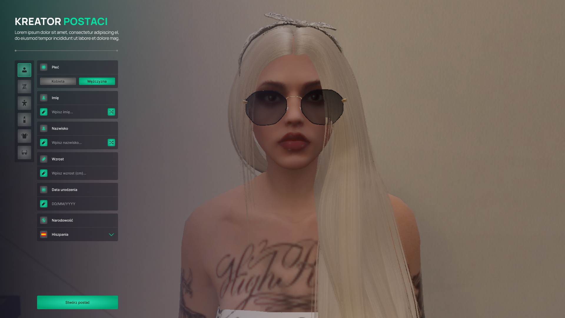 Game UI of green character creator